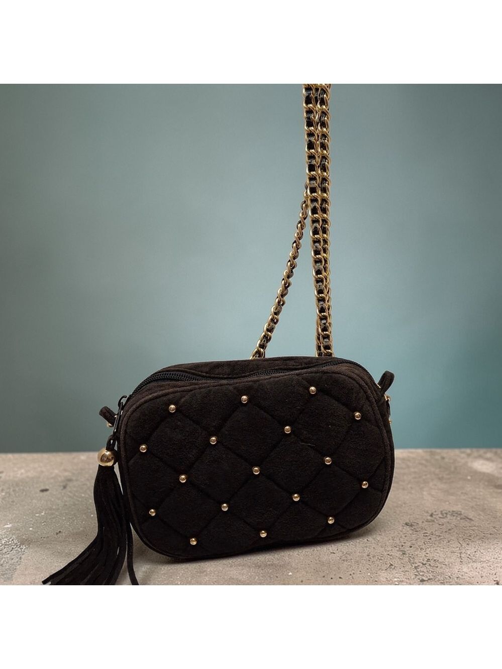 La Corina Quilted Black Crossbody Bag with Gold Studs and Chain Strap